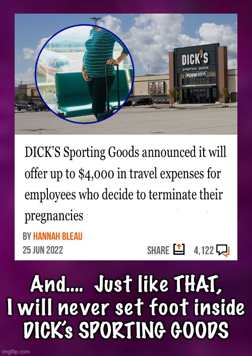 Proudly Losing Customers, and Actually PAYING People, to Cause It | And….  Just like THAT,
I will never set foot inside
DICK’s SPORTING GOODS | image tagged in businesses choose sides,so do consumers,fvck all you baby killers,you think youre on the high ground question mark | made w/ Imgflip meme maker
