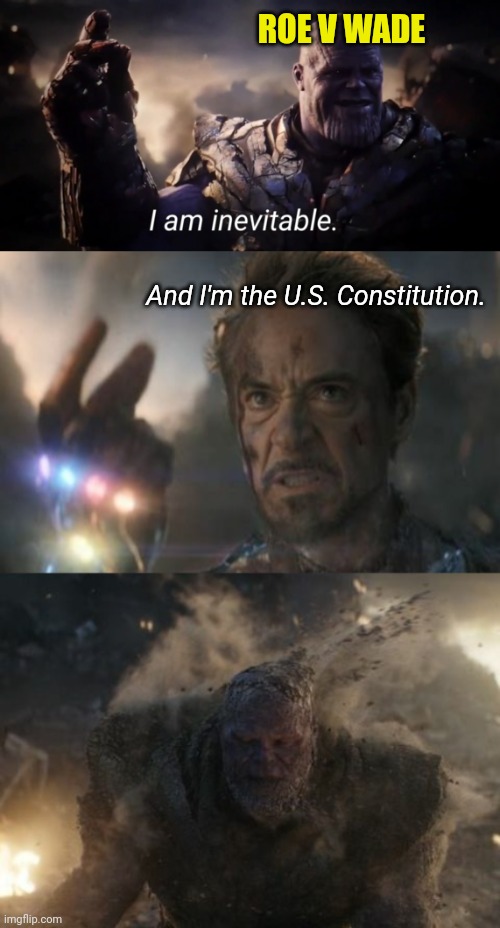 Thanos Snap | ROE V WADE; And I'm the U.S. Constitution. | image tagged in i am inevitable,iron man snaps fingers | made w/ Imgflip meme maker