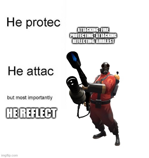 what pyro does | ATTACKING : FIRE
PROTECTING : ATTACKING
REFLECTING: AIRBLAST; HE REFLECT | image tagged in tf2 | made w/ Imgflip meme maker