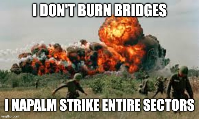 I DON'T BURN BRIDGES; I NAPALM STRIKE ENTIRE SECTORS | image tagged in immolation | made w/ Imgflip meme maker