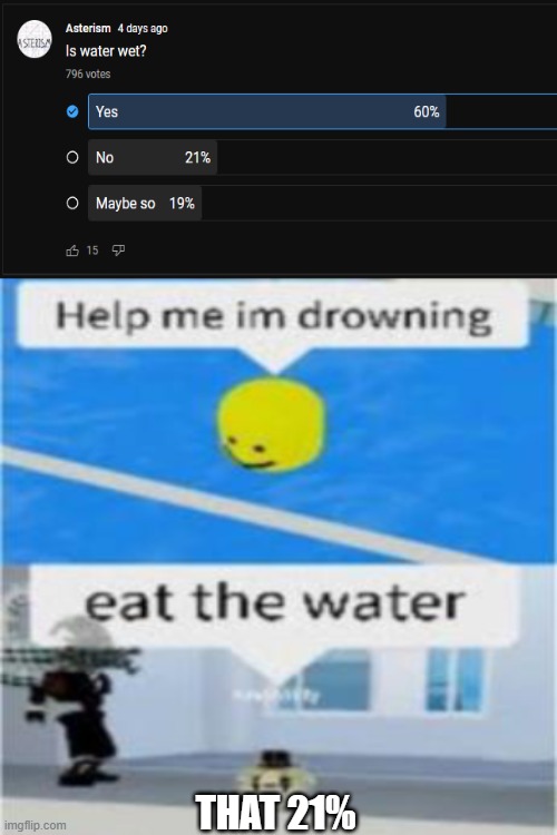 mmm yes, edible water | THAT 21% | image tagged in memes,eat the water,roblox,roblox meme,funny,why are you reading this | made w/ Imgflip meme maker