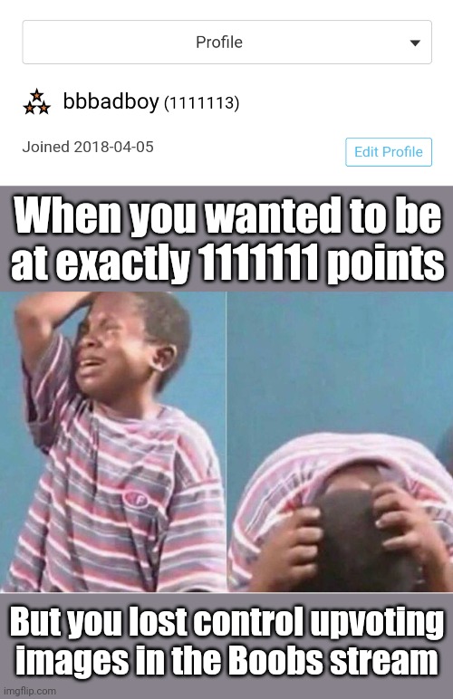  When you wanted to be at exactly 1111111 points; But you lost control upvoting images in the Boobs stream | image tagged in crying kid,1111111 points,perfect,exactly,boobs stream,heartbreak | made w/ Imgflip meme maker