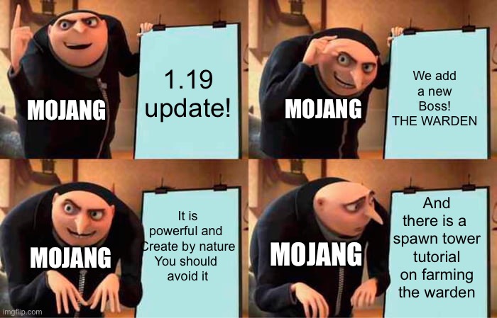 That’s not apart of the plan | 1.19 update! We add a new
Boss! THE WARDEN; MOJANG; MOJANG; And there is a 
spawn tower tutorial
on farming the warden; It is powerful and 
Create by nature
You should 
avoid it; MOJANG; MOJANG | image tagged in memes,gru's plan,minecraft | made w/ Imgflip meme maker