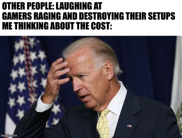 What did it cost? |  OTHER PEOPLE: LAUGHING AT GAMERS RAGING AND DESTROYING THEIR SETUPS
ME THINKING ABOUT THE COST: | image tagged in joe biden worries,gaming,funny,computer,money,what did it cost | made w/ Imgflip meme maker