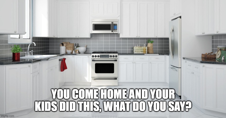 Clean Kitchen | YOU COME HOME AND YOUR
KIDS DID THIS, WHAT DO YOU SAY? | image tagged in clean | made w/ Imgflip meme maker