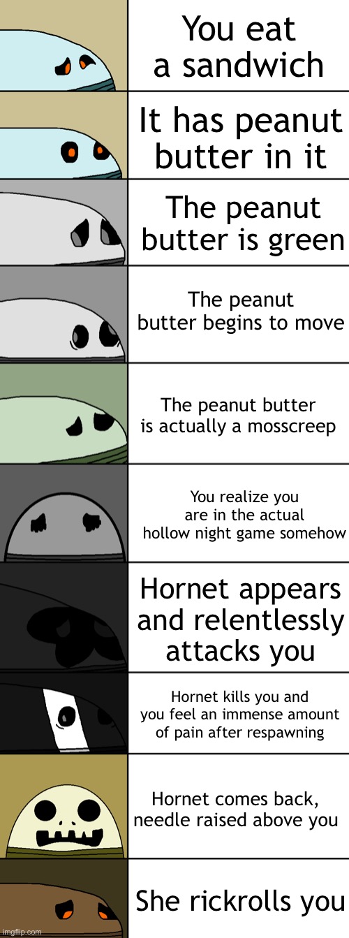 Wandering Husk suffering | You eat a sandwich; It has peanut butter in it; The peanut butter is green; The peanut butter begins to move; The peanut butter is actually a mosscreep; You realize you are in the actual hollow night game somehow; Hornet appears and relentlessly attacks you; Hornet kills you and you feel an immense amount of pain after respawning; Hornet comes back, needle raised above you; She rickrolls you | image tagged in wandering husk suffering | made w/ Imgflip meme maker