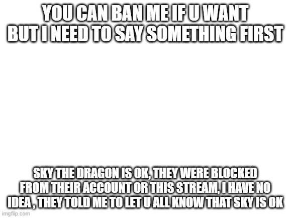 Blank White Template | YOU CAN BAN ME IF U WANT BUT I NEED TO SAY SOMETHING FIRST; SKY THE DRAGON IS OK, THEY WERE BLOCKED FROM THEIR ACCOUNT OR THIS STREAM, I HAVE NO IDEA , THEY TOLD ME TO LET U ALL KNOW THAT SKY IS OK | image tagged in blank white template | made w/ Imgflip meme maker