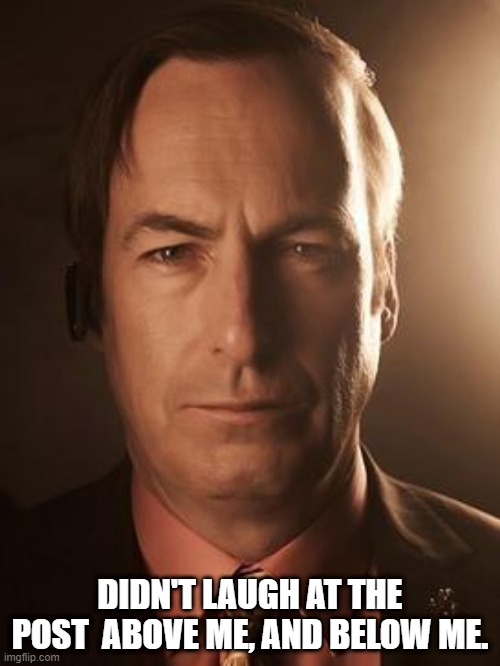 not funny. | DIDN'T LAUGH AT THE POST  ABOVE ME, AND BELOW ME. | image tagged in saul goodman | made w/ Imgflip meme maker