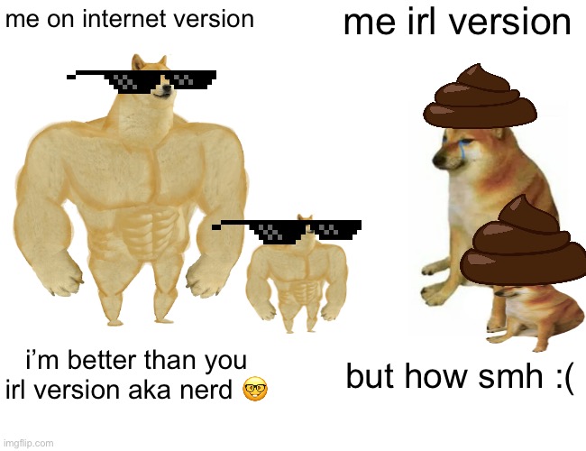 Buff Doge vs. Cheems | me irl version; me on internet version; i’m better than you irl version aka nerd 🤓; but how smh :( | image tagged in memes,buff doge vs cheems | made w/ Imgflip meme maker