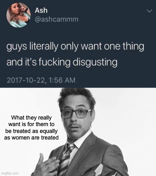Hello chat | What they really want is for them to be treated as equally as women are treated | image tagged in robert downey jr's comments | made w/ Imgflip meme maker