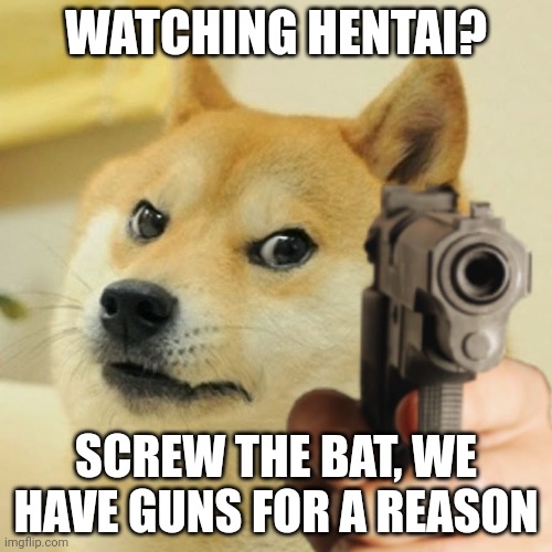 Idfk | WATCHING HENTAI? SCREW THE BAT, WE HAVE GUNS FOR A REASON | image tagged in doge holding a gun | made w/ Imgflip meme maker