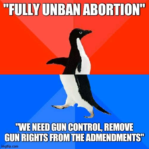 I personally think we need restrictions for both, but don't take a "my way or highway" stance | "FULLY UNBAN ABORTION"; "WE NEED GUN CONTROL, REMOVE GUN RIGHTS FROM THE ADMENDMENTS" | image tagged in memes,socially awesome awkward penguin | made w/ Imgflip meme maker