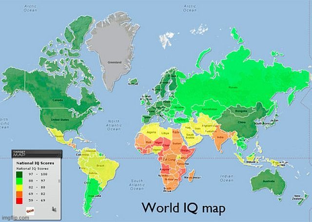 Countries by IQ | image tagged in memes,map,maps,iq,world map,why are you reading this | made w/ Imgflip meme maker