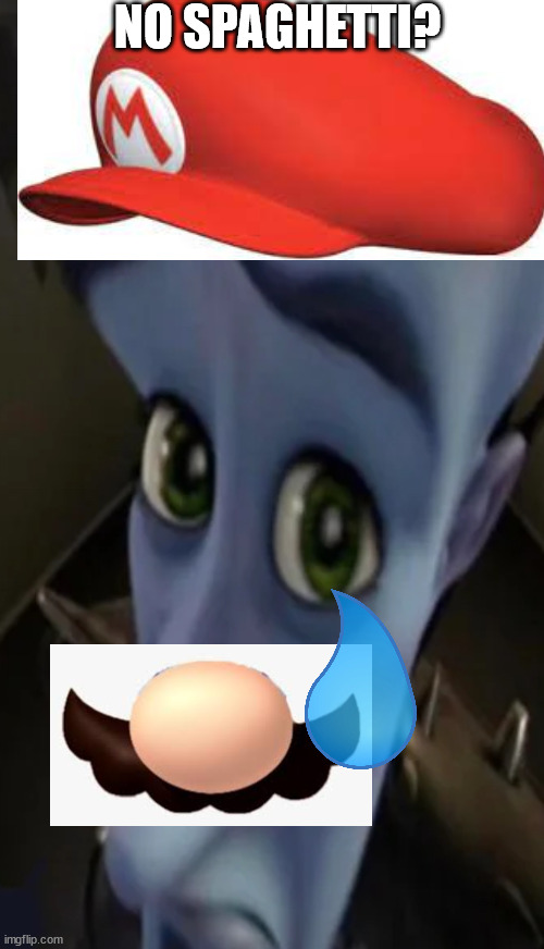 mario megamind | NO SPAGHETTI? | image tagged in megamind peeking | made w/ Imgflip meme maker