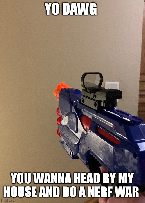 Hey yo dawg | YO DAWG; YOU WANNA HEAD BY MY HOUSE AND DO A NERF WAR | image tagged in nerf | made w/ Imgflip meme maker
