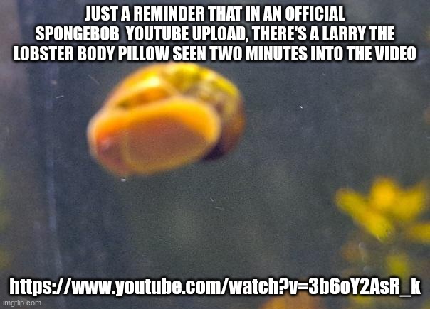 epic snail1!!11!11!!11 | JUST A REMINDER THAT IN AN OFFICIAL SPONGEBOB  YOUTUBE UPLOAD, THERE'S A LARRY THE LOBSTER BODY PILLOW SEEN TWO MINUTES INTO THE VIDEO; https://www.youtube.com/watch?v=3b6oY2AsR_k | image tagged in epic snail1 11 11 11 | made w/ Imgflip meme maker