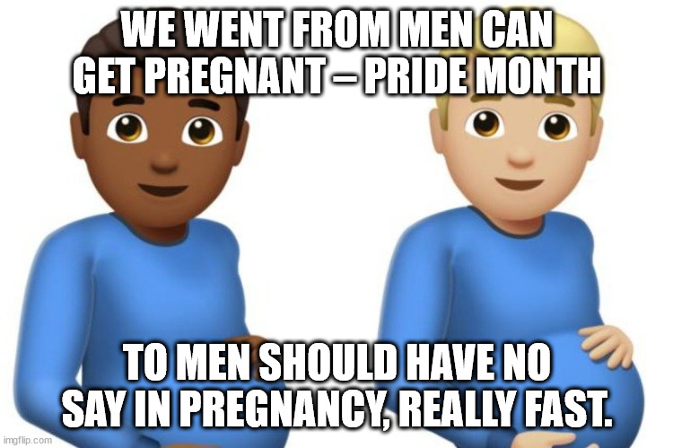 “We went from men can get pregnant – pride month – to men should have no say in pregnancy, really fast.” | WE WENT FROM MEN CAN GET PREGNANT – PRIDE MONTH; TO MEN SHOULD HAVE NO SAY IN PREGNANCY, REALLY FAST. | image tagged in pregnant men | made w/ Imgflip meme maker