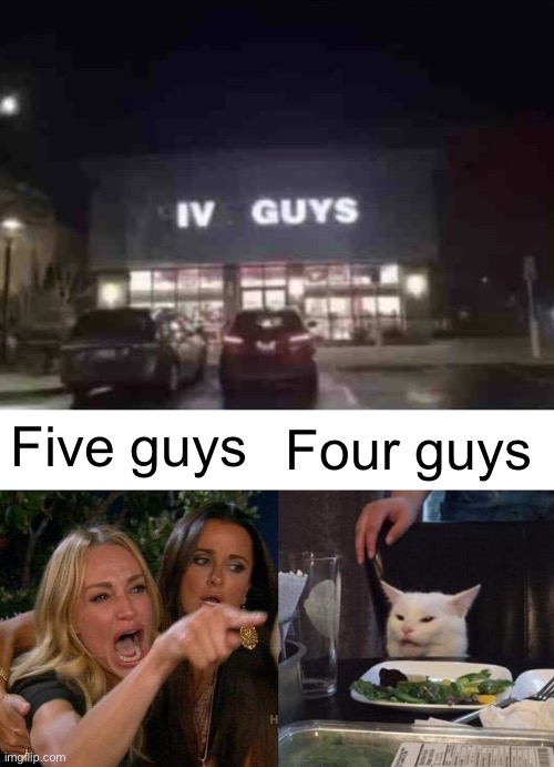 Think Roman numerals | Four guys; Five guys | image tagged in memes,woman yelling at cat | made w/ Imgflip meme maker