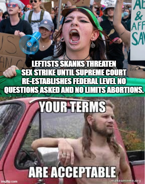 Some things are a no-brainer. | LEFTISTS SKANKS THREATEN SEX STRIKE UNTIL SUPREME COURT RE-ESTABLISHES FEDERAL LEVEL NO QUESTIONS ASKED AND NO LIMITS ABORTIONS. | image tagged in acceptable | made w/ Imgflip meme maker