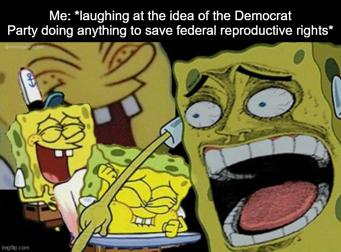 I vote Green Party BTW | Me: *laughing at the idea of the Democrat Party doing anything to save federal reproductive rights* | image tagged in sponge bob laughing,democratic party,roe v wade,abortion | made w/ Imgflip meme maker