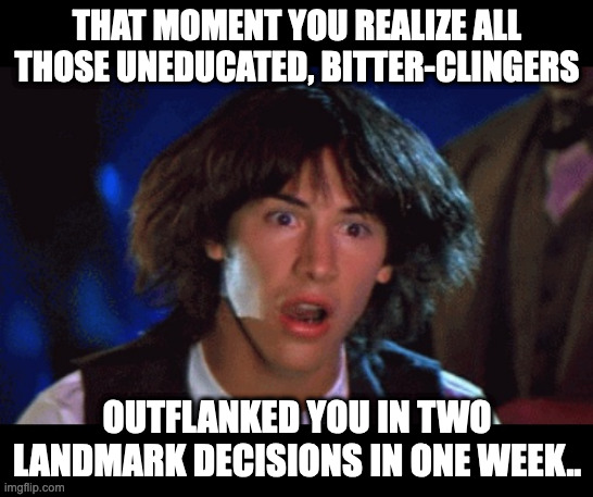 WOAH | THAT MOMENT YOU REALIZE ALL THOSE UNEDUCATED, BITTER-CLINGERS; OUTFLANKED YOU IN TWO LANDMARK DECISIONS IN ONE WEEK.. | image tagged in woah | made w/ Imgflip meme maker