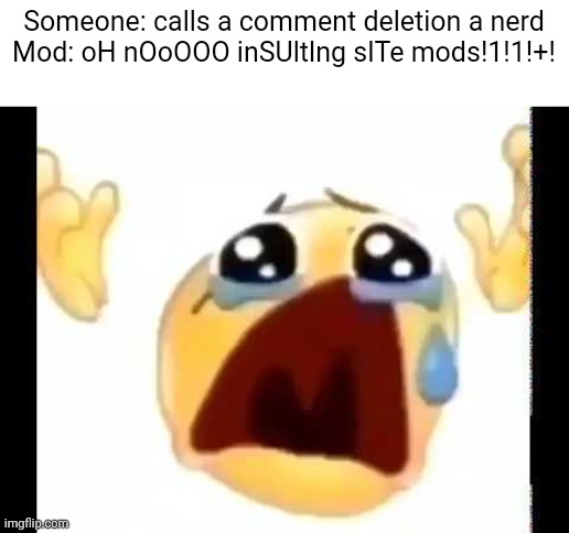 cursed crying emoji | Someone: calls a comment deletion a nerd
Mod: oH nOoOOO inSUltlng sITe mods!1!1!+! | image tagged in cursed crying emoji | made w/ Imgflip meme maker