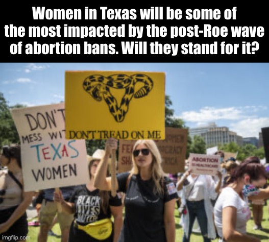 The metro areas of Texas are full of young, upwardly-mobile women from around the country. Their move. | Women in Texas will be some of the most impacted by the post-Roe wave of abortion bans. Will they stand for it? | image tagged in don t tread on me texas feminists,texas,pro-choice,abortion,feminism,libertarians | made w/ Imgflip meme maker