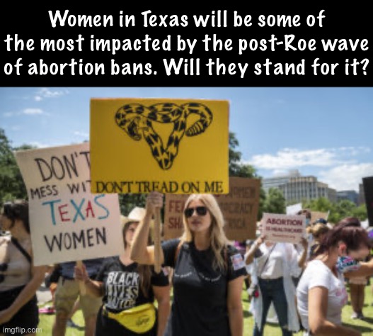 The metro areas of Texas are full of young, upwardly-mobile women from around the country. Their move. | Women in Texas will be some of the most impacted by the post-Roe wave of abortion bans. Will they stand for it? | image tagged in don t tread on me texas feminists,abortion,texas,pro-choice,libertarian,libertarians | made w/ Imgflip meme maker