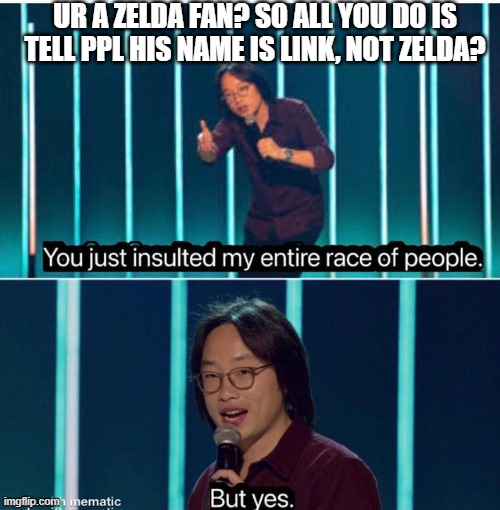 i am a zelda fan, i can make this joke | UR A ZELDA FAN? SO ALL YOU DO IS TELL PPL HIS NAME IS LINK, NOT ZELDA? | image tagged in you just insulted my entire race of people | made w/ Imgflip meme maker