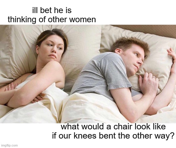 I Bet He's Thinking About Other Women | ill bet he is thinking of other women; what would a chair look like if our knees bent the other way? | image tagged in memes,i bet he's thinking about other women,fun,humour | made w/ Imgflip meme maker