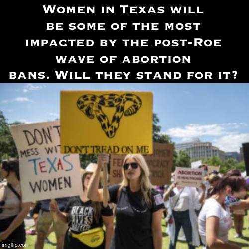 Don’t tread on me Texas feminists | Women in Texas will be some of the most impacted by the post-Roe wave of abortion bans. Will they stand for it? | image tagged in don t tread on me texas feminists | made w/ Imgflip meme maker