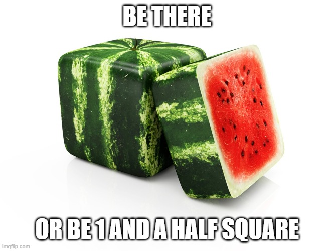 Be There Or Be 1 And A Half Square |  BE THERE; OR BE 1 AND A HALF SQUARE | image tagged in watermelon,mc,square,half,one | made w/ Imgflip meme maker