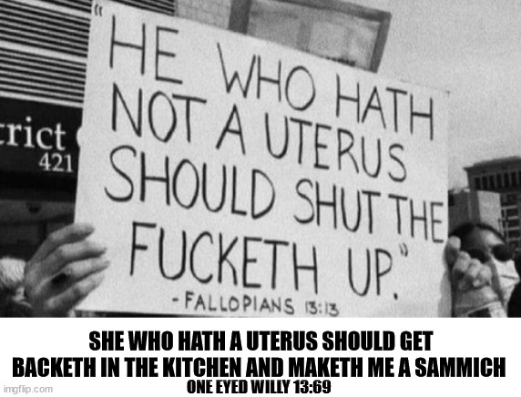 SHE WHO HATH A UTERUS SHOULD GET BACKETH IN THE KITCHEN AND MAKETH ME A SAMMICH; ONE EYED WILLY 13:69 | image tagged in roe v wade maketh me a sammich | made w/ Imgflip meme maker