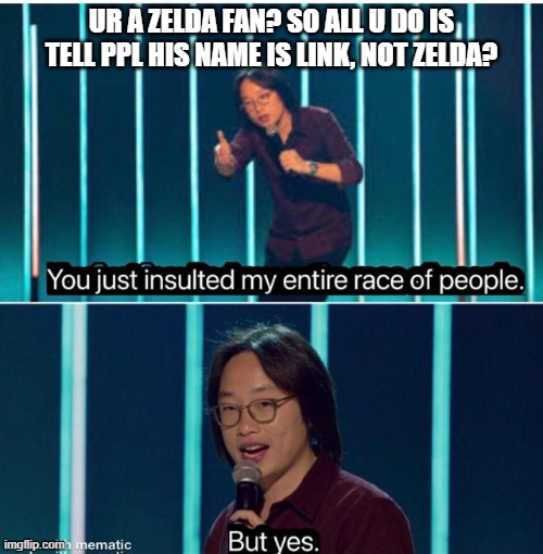 i am a zelda fan, i can make this joke | UR A ZELDA FAN? SO ALL U DO IS TELL PPL HIS NAME IS LINK, NOT ZELDA? | image tagged in you just insulted my entire race of people | made w/ Imgflip meme maker