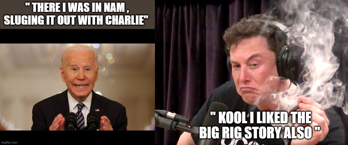JOE's been there done everything .." IN HIS MIND" | " THERE I WAS IN NAM , SLUGING IT OUT WITH CHARLIE"; " KOOL I LIKED THE BIG RIG STORY ALSO " | image tagged in elon musk weed | made w/ Imgflip meme maker