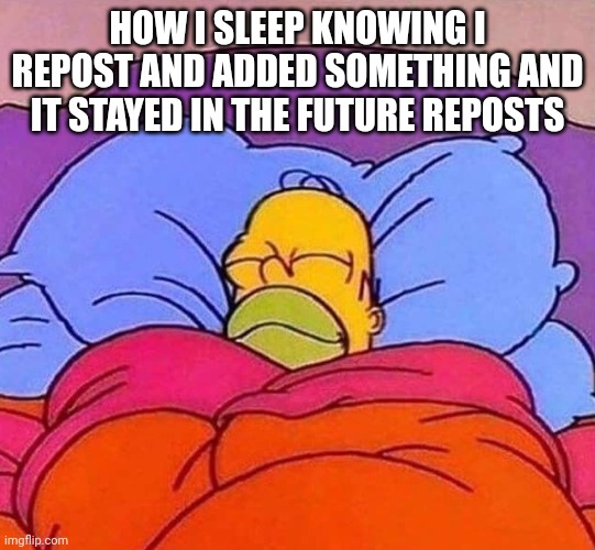 Homer Simpson sleeping peacefully | HOW I SLEEP KNOWING I REPOST AND ADDED SOMETHING AND IT STAYED IN THE FUTURE REPOSTS | image tagged in homer simpson sleeping peacefully | made w/ Imgflip meme maker