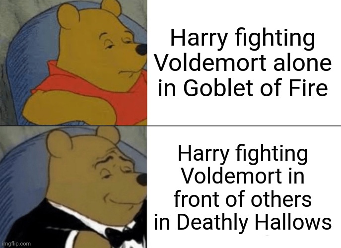 Like fr, Harry was cool in the last one, and a useless idiot in the first one | Harry fighting Voldemort alone in Goblet of Fire; Harry fighting Voldemort in front of others in Deathly Hallows | image tagged in memes,tuxedo winnie the pooh | made w/ Imgflip meme maker