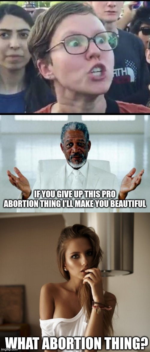 Ugly Girls be Like... | IF YOU GIVE UP THIS PRO ABORTION THING I'LL MAKE YOU BEAUTIFUL; WHAT ABORTION THING? | image tagged in angry sjw,god morgan freeman,teasing hot chick | made w/ Imgflip meme maker