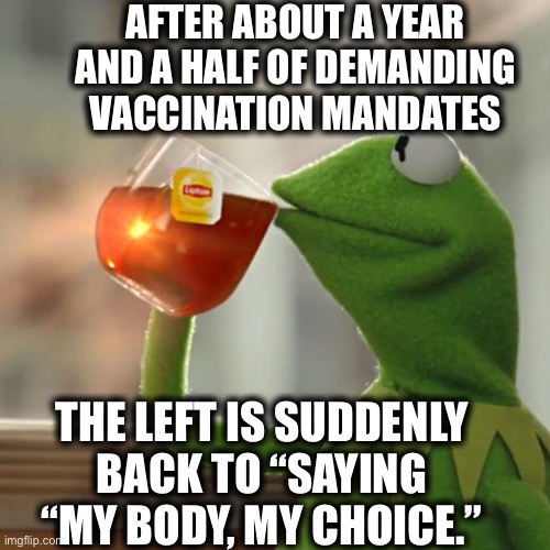 But That's None Of My Business Meme | AFTER ABOUT A YEAR AND A HALF OF DEMANDING VACCINATION MANDATES; THE LEFT IS SUDDENLY BACK TO “SAYING “MY BODY, MY CHOICE.” | image tagged in memes,but that's none of my business,kermit the frog,liberal hypocrisy,covid vaccine,pro choice | made w/ Imgflip meme maker
