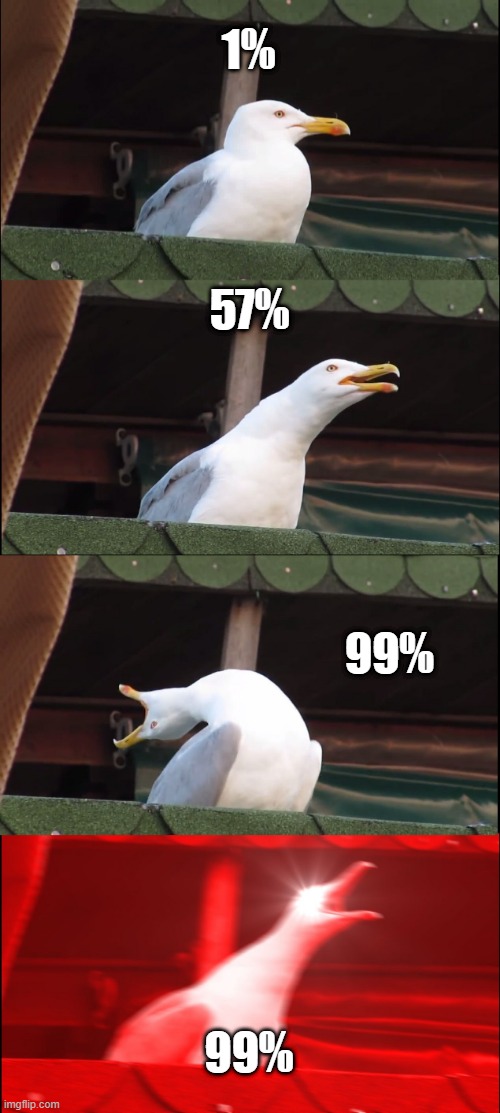 loading | 1%; 57%; 99%; 99% | image tagged in memes,inhaling seagull | made w/ Imgflip meme maker