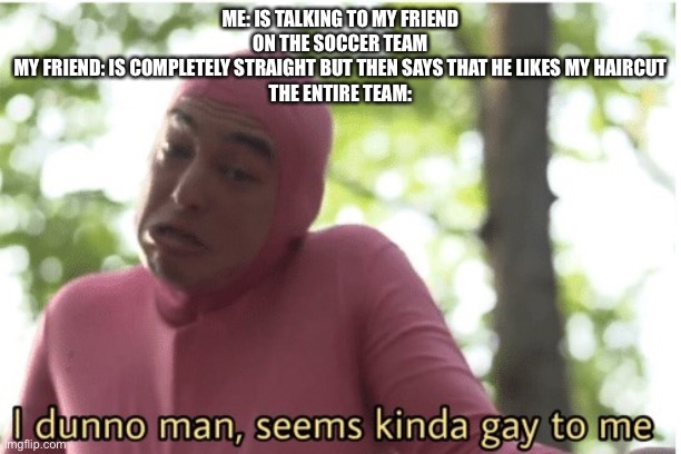 I dunno man seems kinda gay to me | ME: IS TALKING TO MY FRIEND ON THE SOCCER TEAM
MY FRIEND: IS COMPLETELY STRAIGHT BUT THEN SAYS THAT HE LIKES MY HAIRCUT
THE ENTIRE TEAM: | image tagged in i dunno man seems kinda gay to me | made w/ Imgflip meme maker