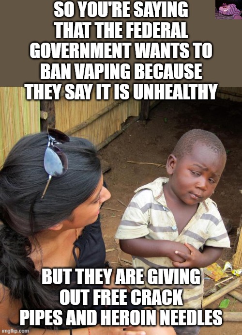 And they wonder why we think they are idiots | SO YOU'RE SAYING THAT THE FEDERAL GOVERNMENT WANTS TO BAN VAPING BECAUSE THEY SAY IT IS UNHEALTHY; BUT THEY ARE GIVING OUT FREE CRACK PIPES AND HEROIN NEEDLES | image tagged in 3rd world sceptical child | made w/ Imgflip meme maker