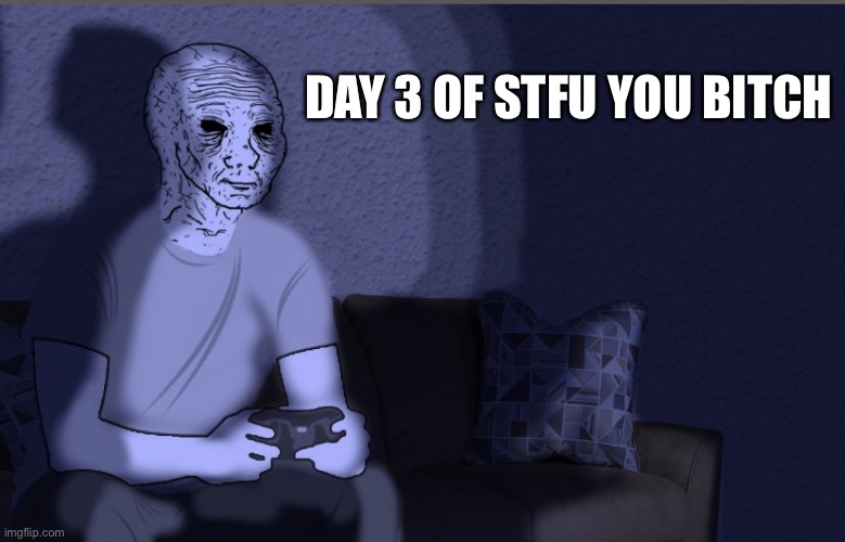 Wojak sitting on couch | DAY 3 OF STFU YOU BITCH | image tagged in wojak sitting on couch | made w/ Imgflip meme maker