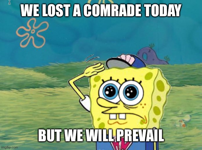 Spongebob salute | WE LOST A COMRADE TODAY BUT WE WILL PREVAIL | image tagged in spongebob salute | made w/ Imgflip meme maker