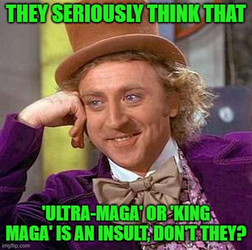 Creepy Condescending Wonka Meme | THEY SERIOUSLY THINK THAT 'ULTRA-MAGA' OR 'KING MAGA' IS AN INSULT, DON'T THEY? | image tagged in memes,creepy condescending wonka | made w/ Imgflip meme maker