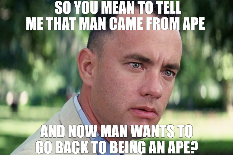 IT IS IT | SO YOU MEAN TO TELL ME THAT MAN CAME FROM APE; AND NOW MAN WANTS TO GO BACK TO BEING AN APE? | image tagged in memes,and just like that | made w/ Imgflip meme maker