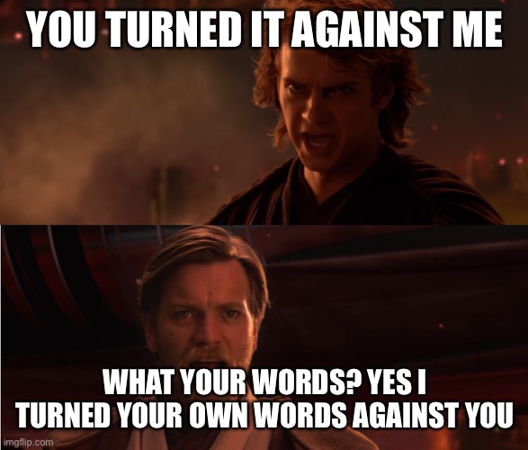 You Turned Her Against Me | YOU TURNED IT AGAINST ME WHAT YOUR WORDS? YES I TURNED YOUR OWN WORDS AGAINST YOU | image tagged in you turned her against me | made w/ Imgflip meme maker