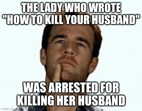 interesting | THE LADY WHO WROTE "HOW TO KILL YOUR HUSBAND" WAS ARRESTED FOR KILLING HER HUSBAND | image tagged in interesting | made w/ Imgflip meme maker