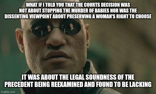 What are yall celebrating? | WHAT IF I TOLD YOU THAT THE COURTS DECISION WAS NOT ABOUT STOPPING THE MURDER OF BABIES NOR WAS THE DISSENTING VIEWPOINT ABOUT PRESERVING A WOMAN'S RIGHT TO CHOOSE; IT WAS ABOUT THE LEGAL SOUNDNESS OF THE PRECEDENT BEING REEXAMINED AND FOUND TO BE LACKING | image tagged in memes,matrix morpheus | made w/ Imgflip meme maker