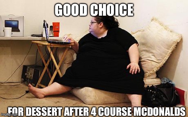 Obese Woman at Computer | GOOD CHOICE; FOR DESSERT AFTER 4 COURSE MCDONALDS | image tagged in obese woman at computer | made w/ Imgflip meme maker